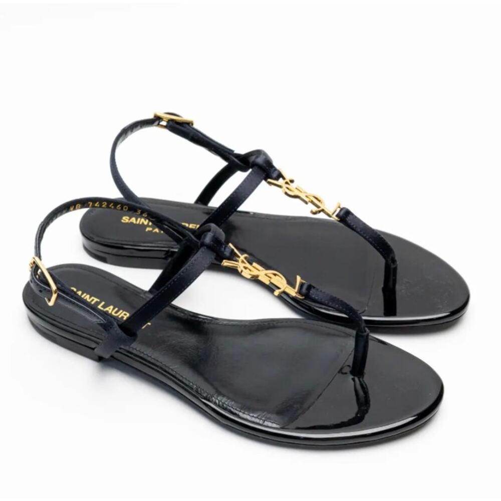 Yves Saint Laurent Navy Blue Sandals with Gold Accents